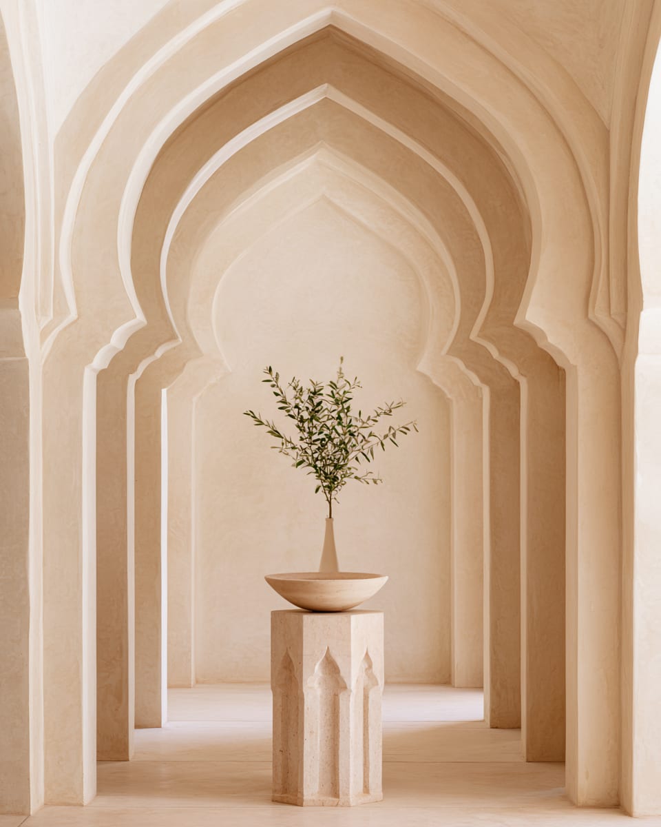Layered plaster archways with an olive branch on a stone pedestal